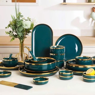 Lẻ | Bộ bát đĩa sứ cao cấp XANH VIỀN VÀNG phong cách Bắc Âu 4,6,10, HOME DECOR, QUÀ TẶNG GỐM SỨ