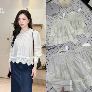 Áo sơ mi tơ dài tay pha ren li ngực dáng xuông babydoll #85026
