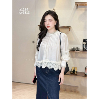 Áo sơ mi tơ dài tay pha ren li ngực dáng xuông babydoll #85026