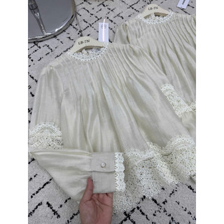 Áo sơ mi tơ dài tay pha ren li ngực dáng xuông babydoll #85026