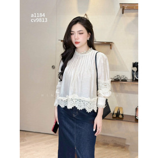 Áo sơ mi tơ dài tay pha ren li ngực dáng xuông babydoll #85026