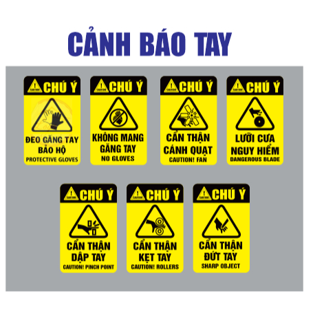 Tem Cảnh báo máy móc. Decal PHẢN QUANG. Cẩn thận kẹt tay dập chân An toàn cơ khí, nhà xưởng. Chống nước nhiều mẫu