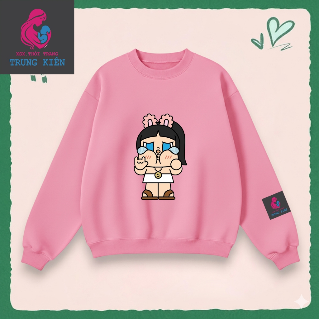 Áo Sweater Trẻ Em Nỉ Cotton Mềm Mại, Hình Cô Bé Khóc Tai Thỏ Đáng Yêu Mùa Thu Đông Ấm Áp (M 318)