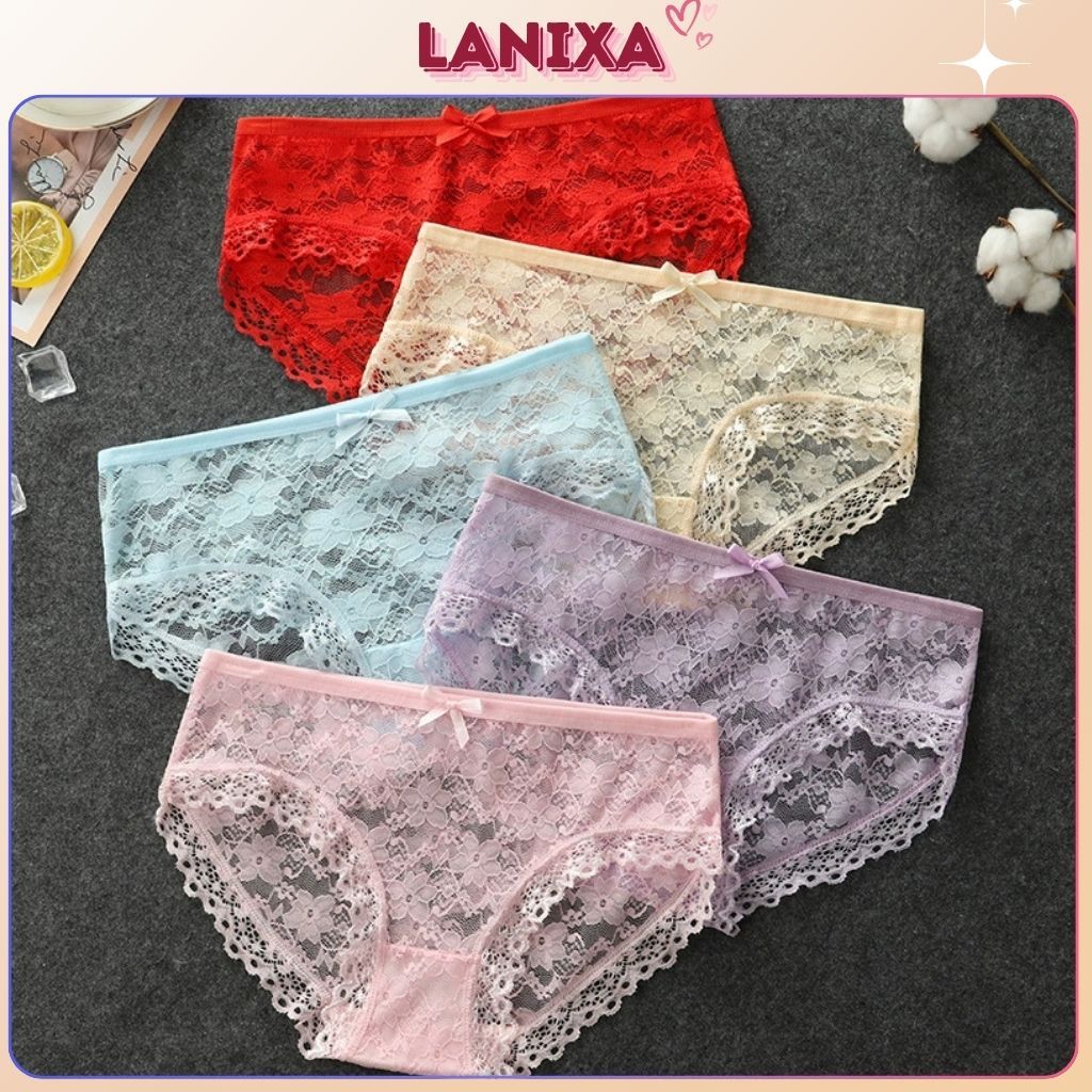 Quần lót nữ ren xuyên thấu gợi cảm đáy lót cotton thoáng mát kháng khuẩn hoạ tiết hoa LANIXA L104