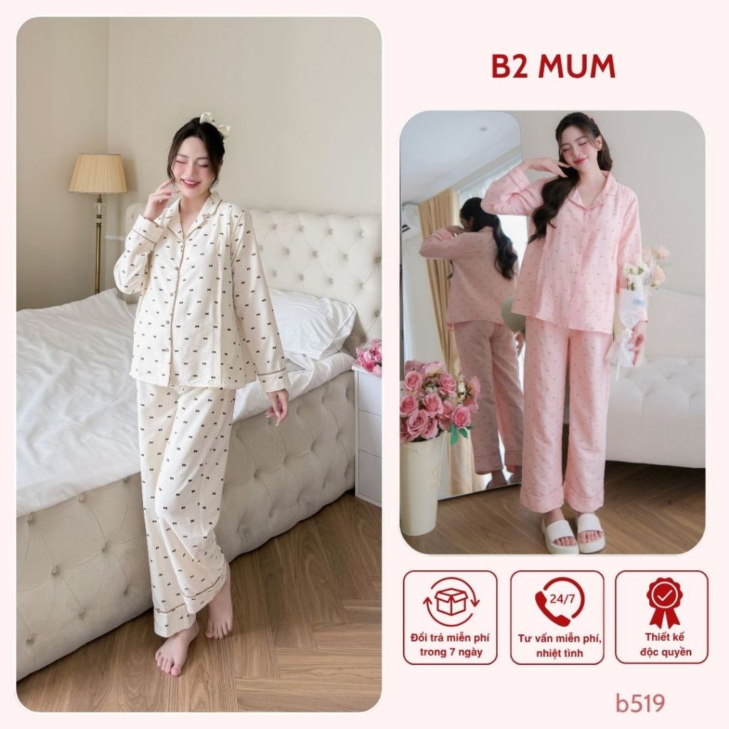 Bộ đồ bầu dài mặc nhà, kiểu cúc mở pijama basic, khóa dọc tiện lợi cho con ti tiện lợi - B519 B2MUM