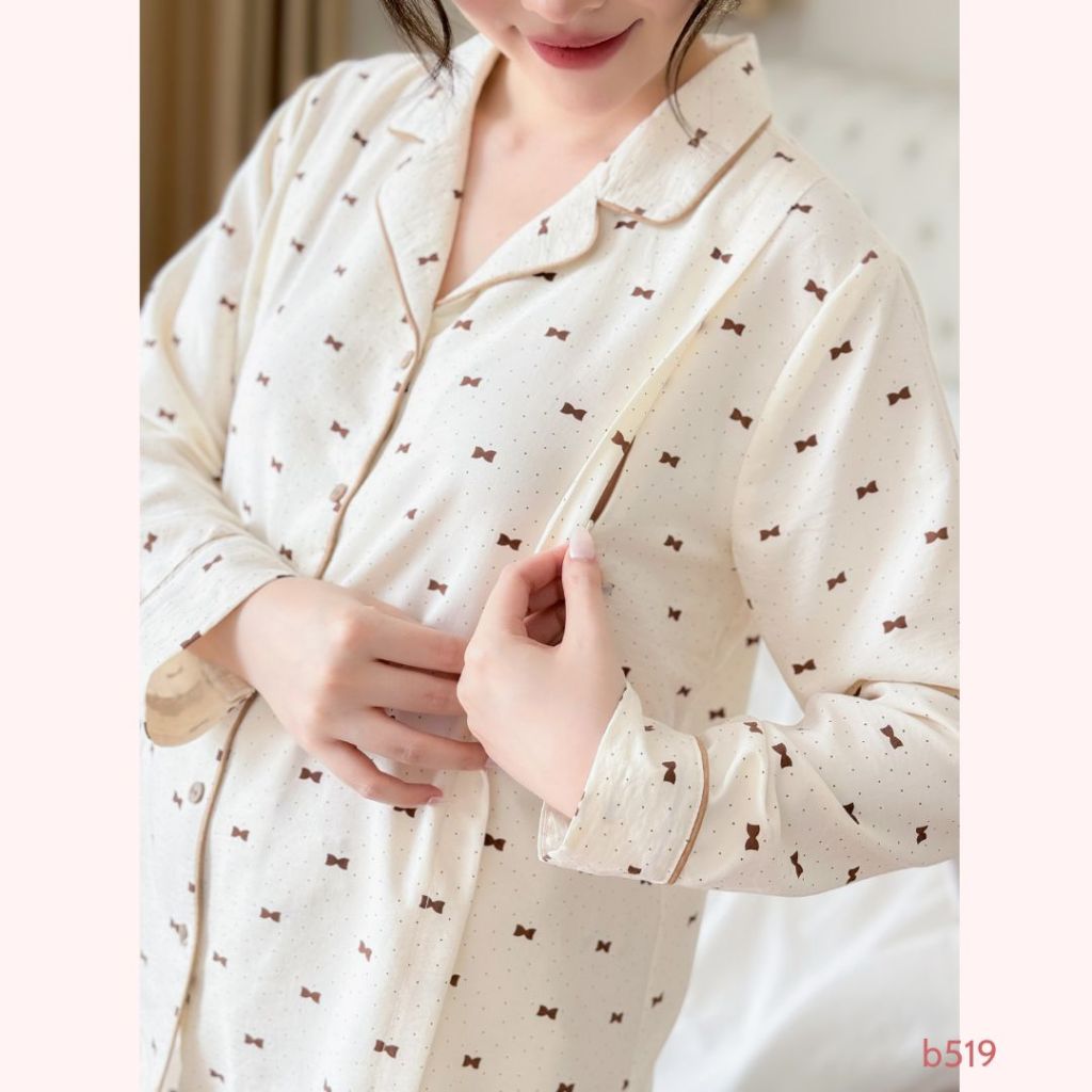 Bộ đồ bầu dài mặc nhà, kiểu cúc mở pijama basic, khóa dọc tiện lợi cho con ti tiện lợi - B519 B2MUM