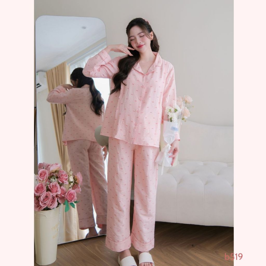 Bộ đồ bầu dài mặc nhà, kiểu cúc mở pijama basic, khóa dọc tiện lợi cho con ti tiện lợi - B519 B2MUM