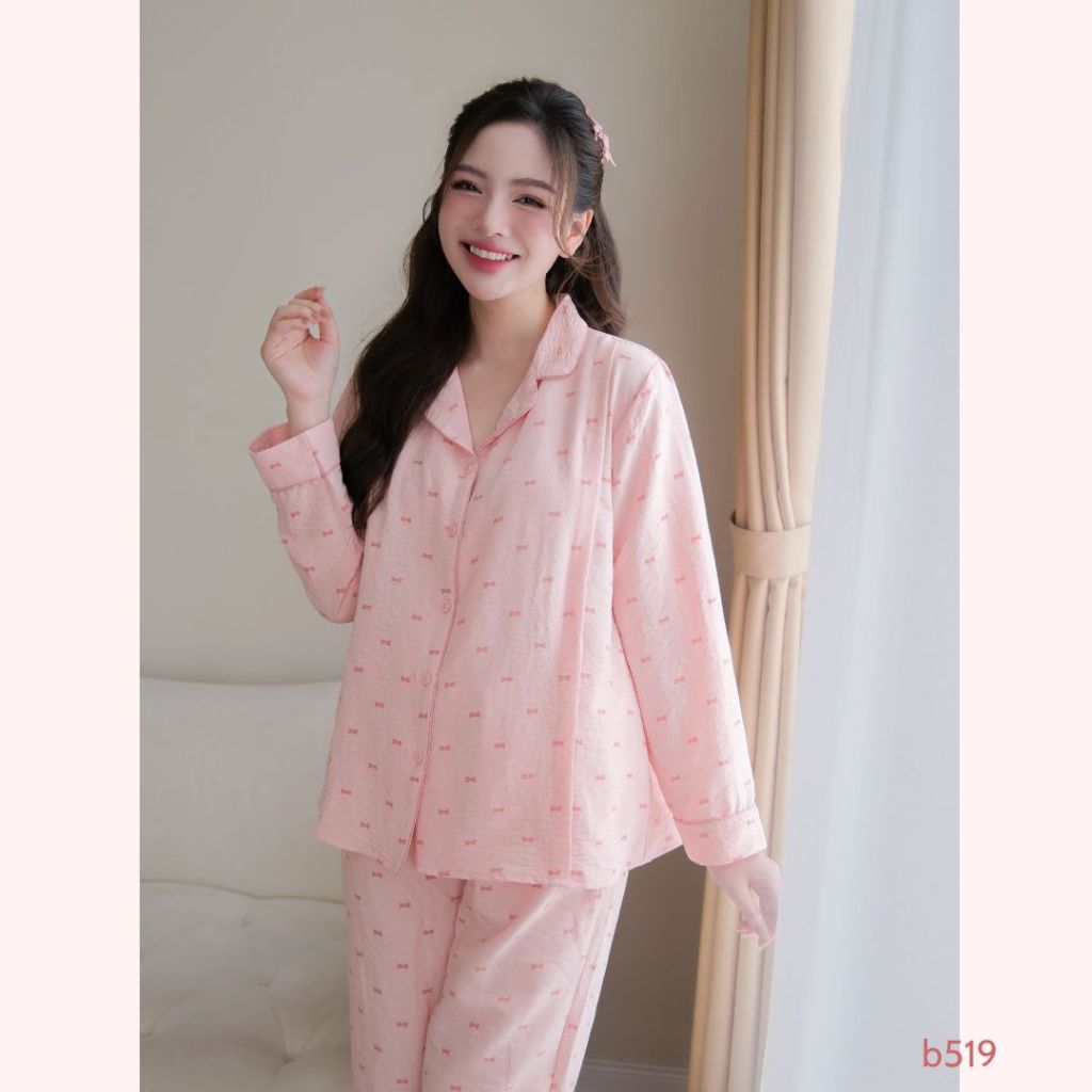 Bộ đồ bầu dài mặc nhà, kiểu cúc mở pijama basic, khóa dọc tiện lợi cho con ti tiện lợi - B519 B2MUM