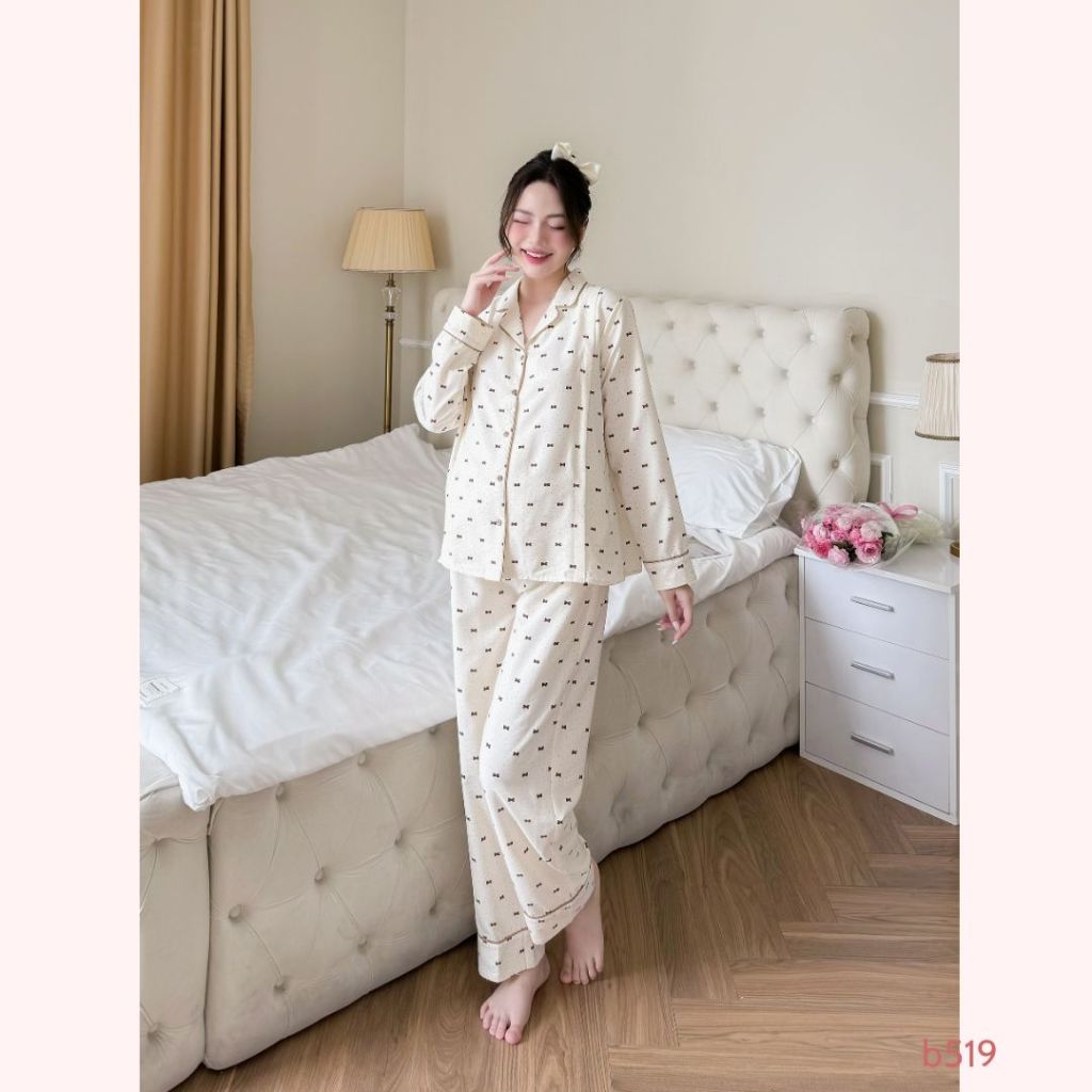 Bộ đồ bầu dài mặc nhà, kiểu cúc mở pijama basic, khóa dọc tiện lợi cho con ti tiện lợi - B519 B2MUM