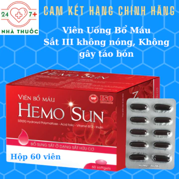 Viên Bổ Máu Hemo Sun [HD T12/2028, Hộp 60v] - Bổ Sung Sắt III Cho Người Thiếu Máu, Không Gây Táo Bón