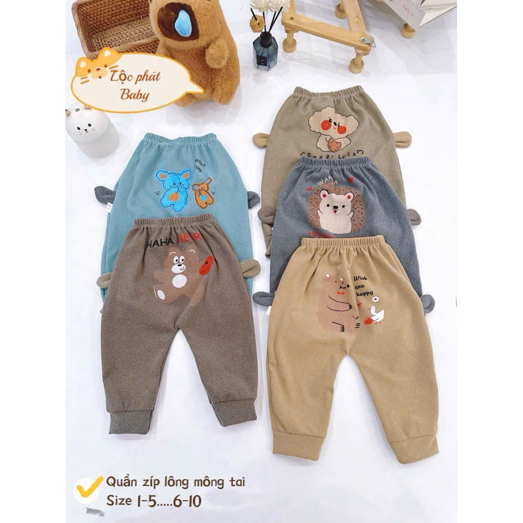 Combo 5 quần dài thu đông chất zip lông Mông Tai Thú cho bé từ 3-17kg