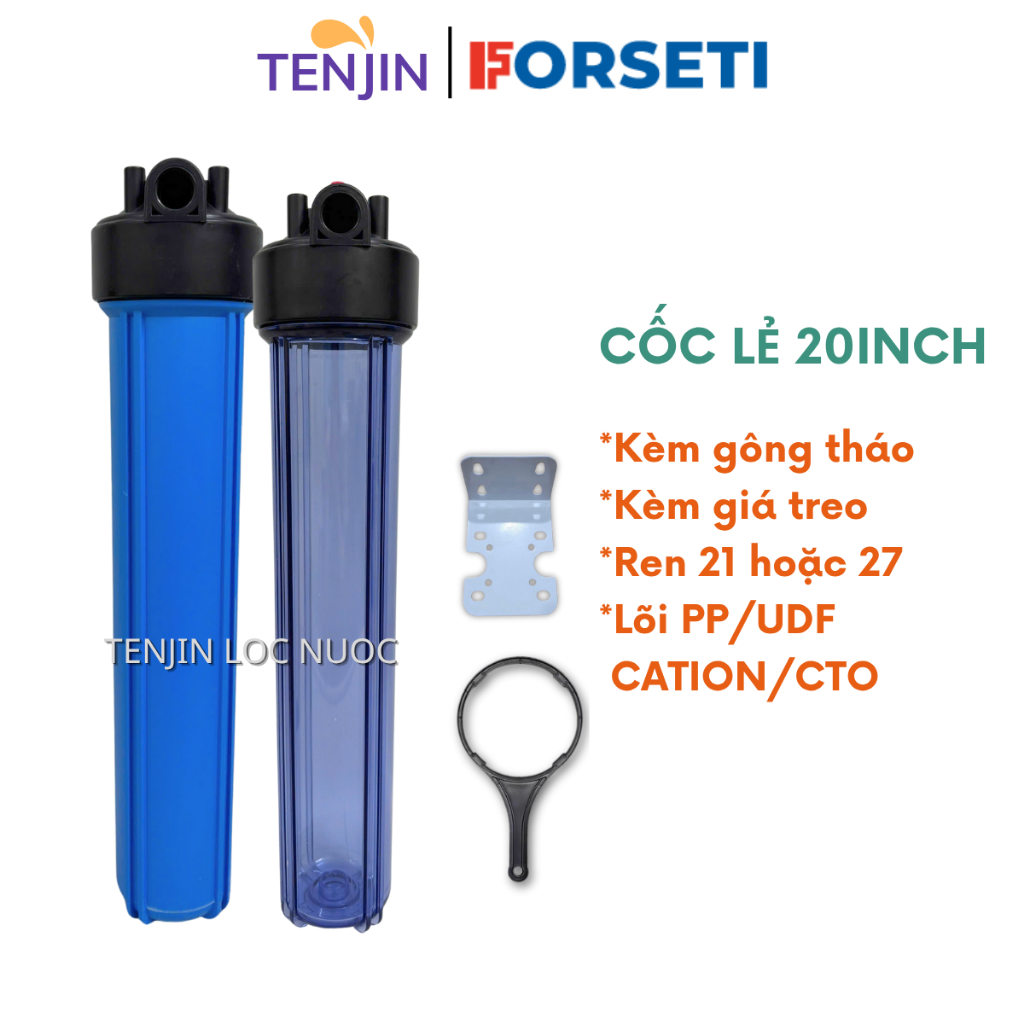 Bộ Lọc Nước Đầu Nguồn, 20 inch Ren 21 Hoặc Ren 27 Cốc Trong Hoặc Xanh Đầy Đủ Phụ Kiện Kèm Gông Tháo, Giá Treo