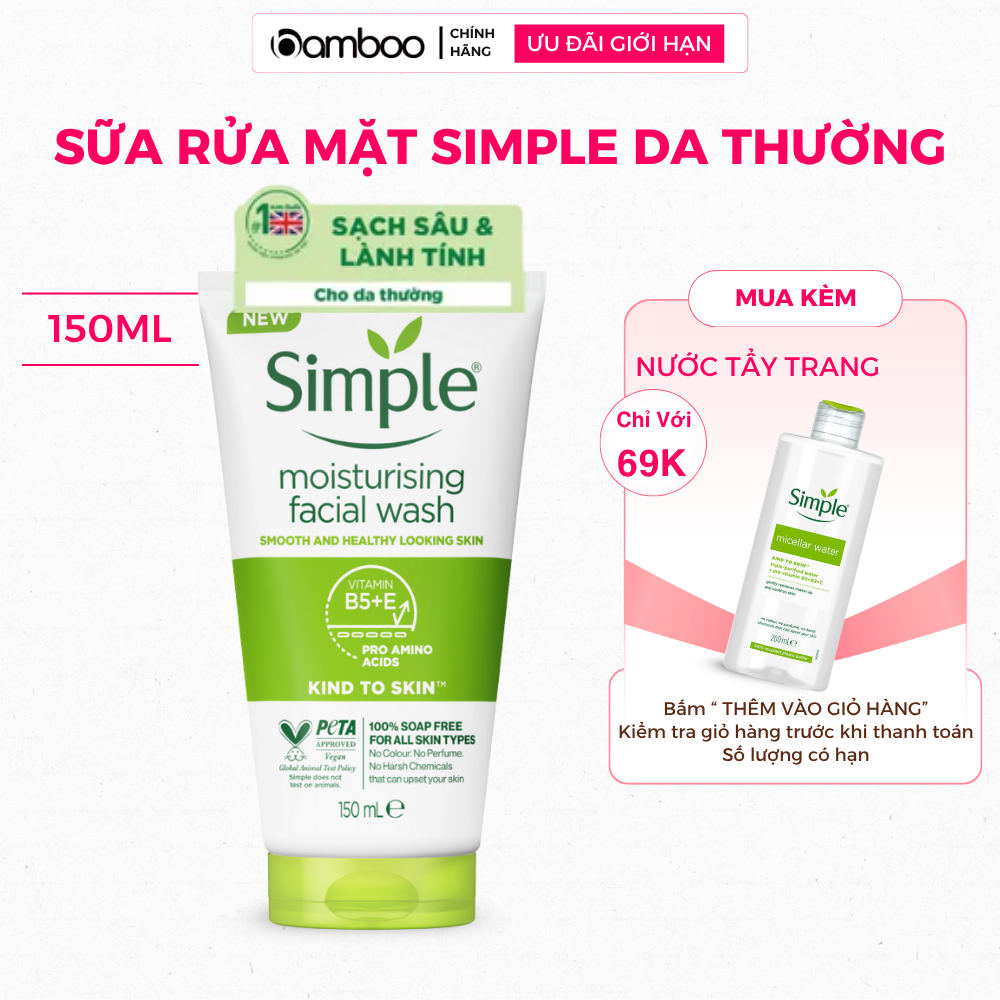 Sữa rửa mặt Simple Moisturising Facial Wash làm sạch dịu nhẹ, dưỡng ẩm mềm mịn cho da khô, da thường