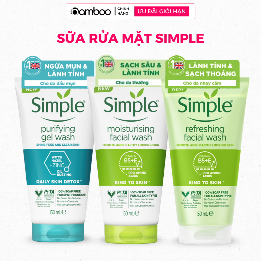Sữa rửa mặt Simple làm sạch dịu nhẹ, giúp da sáng mịn, cấp ẩm cho mọi loại da kể cả da nhạy cảm