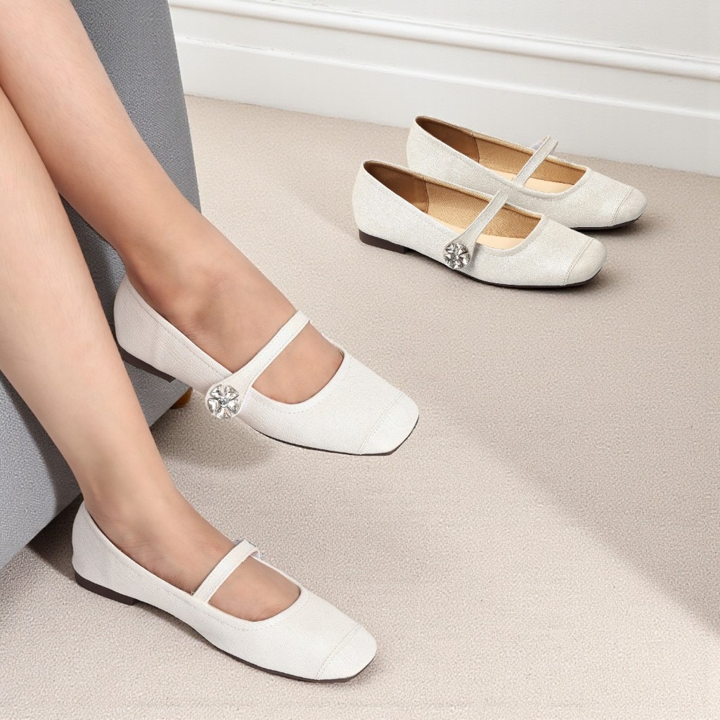 Giày Búp Bê Mũi Tròn Nữ Quai Ngang Đính Hoa Đá Sang Trọng Thời Trang Pixie H415