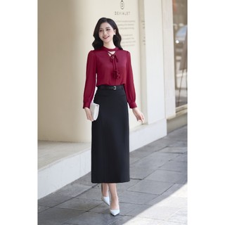 Áo Sơ Mi Nữ Cổ Tàu Dáng Suông Dài Tay Dây Buộc Đính Hoá LAMER L61B25Q027