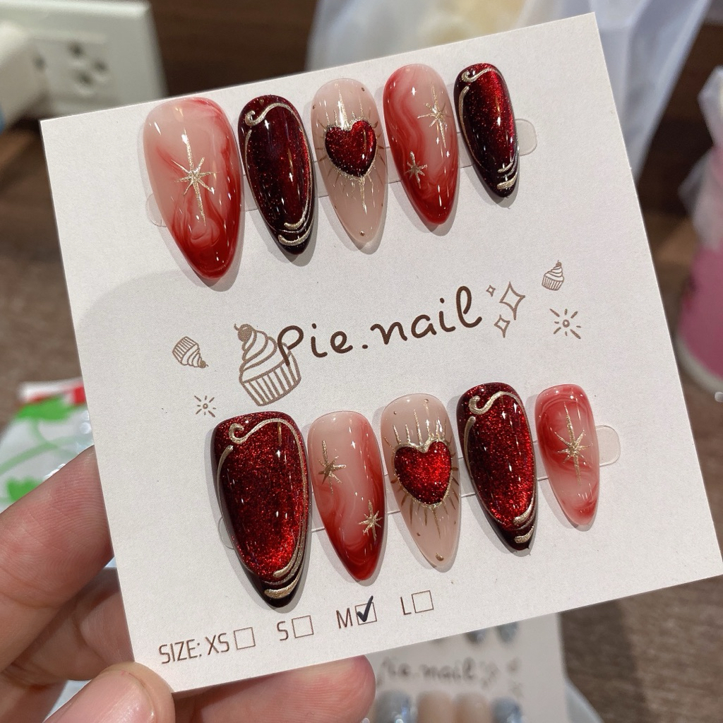 436. nailbox mắt mèo đỏ mix loang, vẽ gel metan vàng