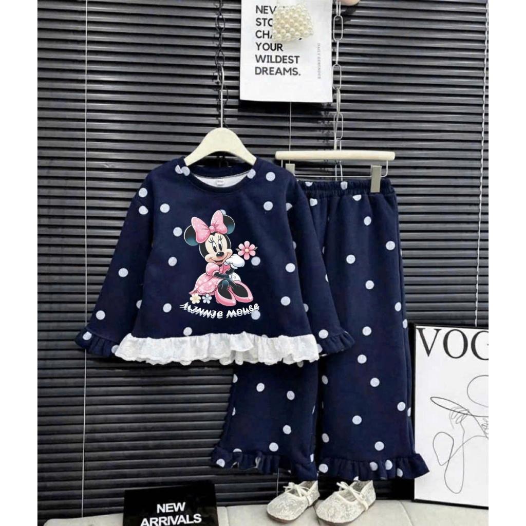 BỘ Bé Gái Mẫu Chuột Mickey Ren  Chấm Bi Chất Da Cá Thu Đông SZ 9 - 37 KG Quần Áo Bé Gái Thu Đông - Bộ