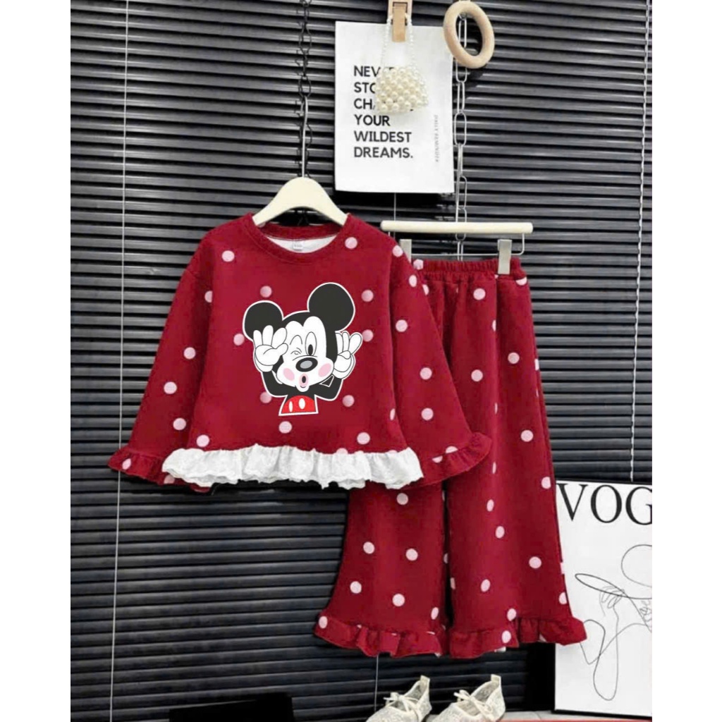 BỘ Bé Gái Mẫu Chuột Mickey Ren  Chấm Bi Chất Da Cá Thu Đông SZ 9 - 37 KG Quần Áo Bé Gái Thu Đông - Bộ