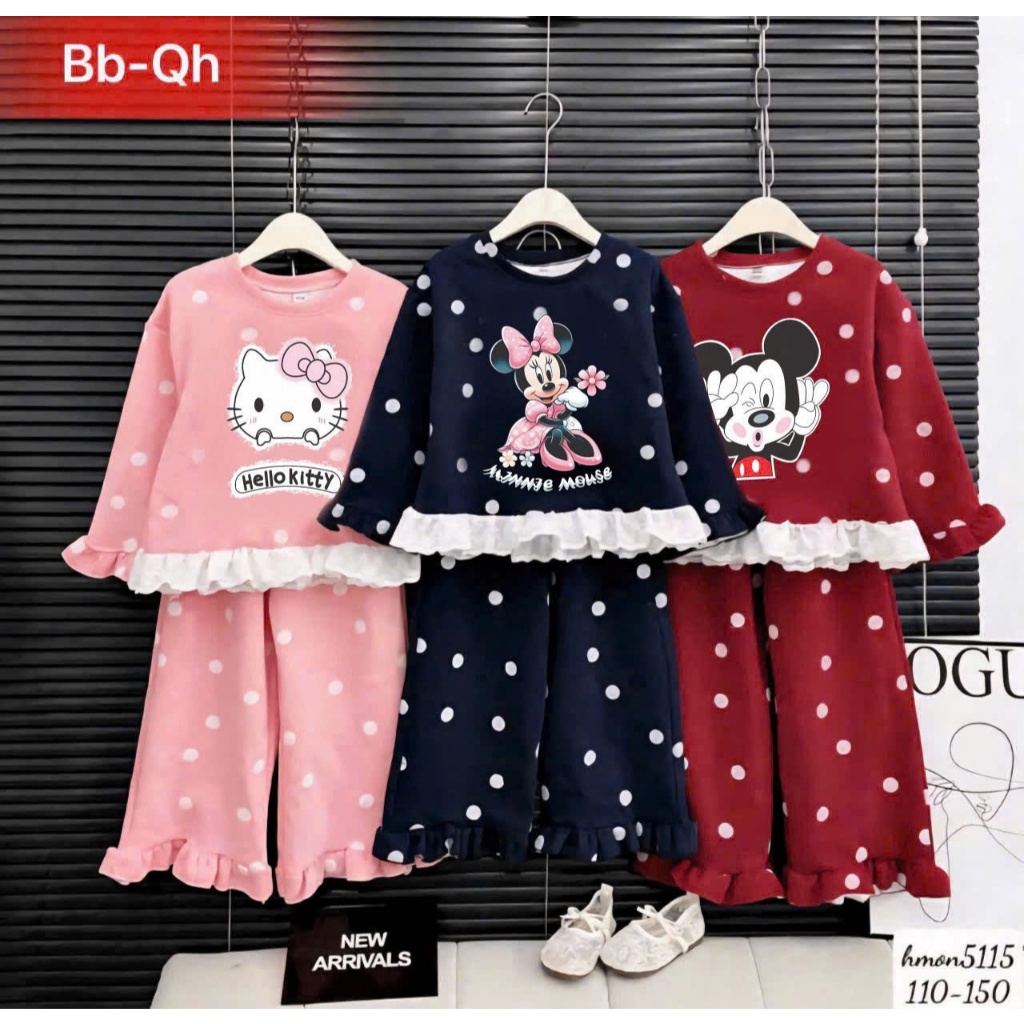 BỘ Bé Gái Mẫu Chuột Mickey Ren  Chấm Bi Chất Da Cá Thu Đông SZ 9 - 37 KG Quần Áo Bé Gái Thu Đông - Bộ