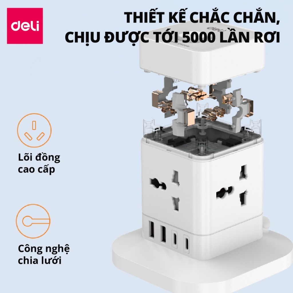 [TRỢ GIÁ] Ổ Cắm Điện Đa Năng 2026 Công sất 2500/3250W DELI Cổng Type C USB Sạc Nhanh 20W Ổ Nhiều Lỗ Cắm Lõi Chống Giật