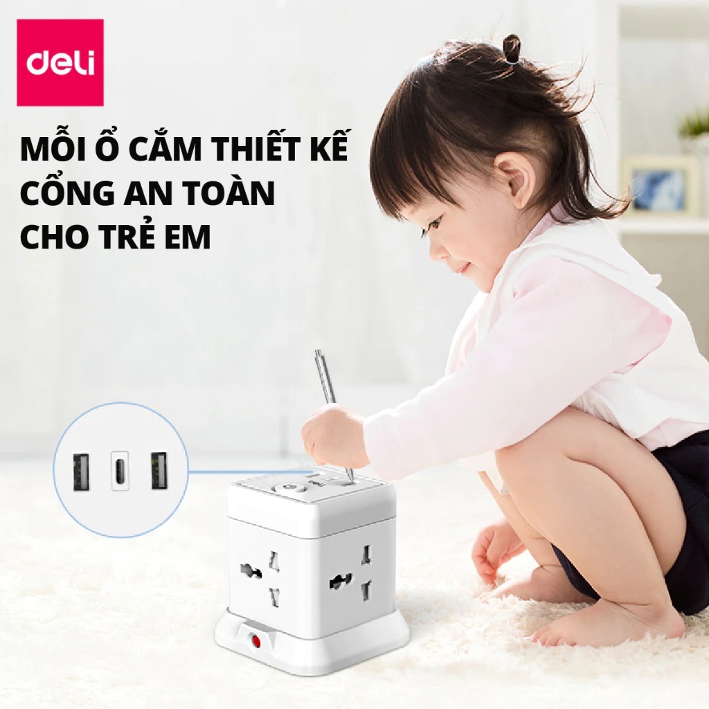 [TRỢ GIÁ] Ổ Cắm Điện Đa Năng 2026 Công sất 2500/3250W DELI Cổng Type C USB Sạc Nhanh 20W Ổ Nhiều Lỗ Cắm Lõi Chống Giật