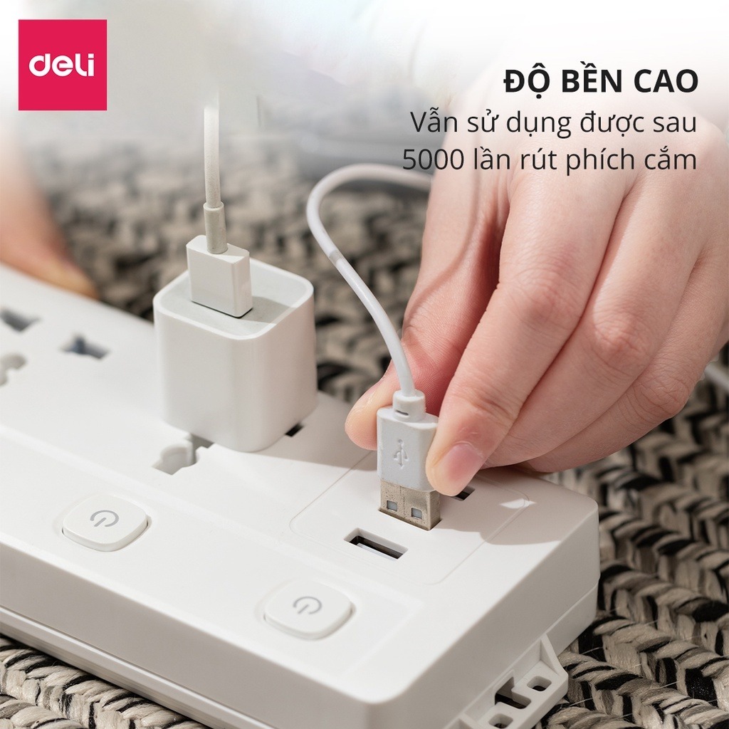 [TRỢ GIÁ] Ổ Cắm Điện Đa Năng 2026 Công sất 2500/3250W DELI Cổng Type C USB Sạc Nhanh 20W Ổ Nhiều Lỗ Cắm Lõi Chống Giật