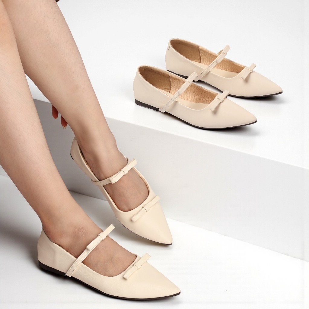 Giày Búp Bê Nữ Đế Bệt Mũi Nhọn Phối 2 Nơ Nữ Tính Thời Trang Pixie H414