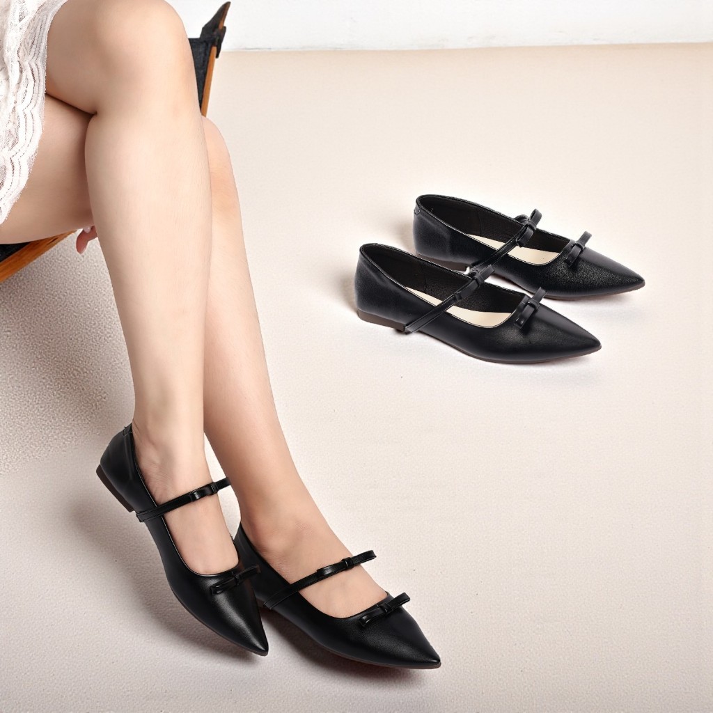 Giày Búp Bê Nữ Đế Bệt Mũi Nhọn Phối 2 Nơ Nữ Tính Thời Trang Pixie H414