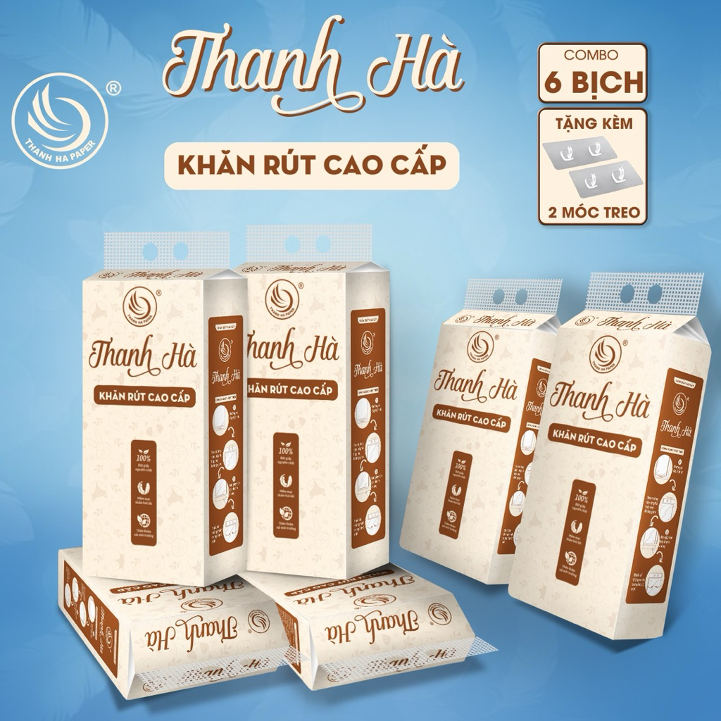 Nâu, ComBo 6 Bịch, Giấy Rút Treo Tường Thanh Hà, 1280 tờ 4 lớp, Tặng 2 Móc Treo Đôi, 140mmx175mm