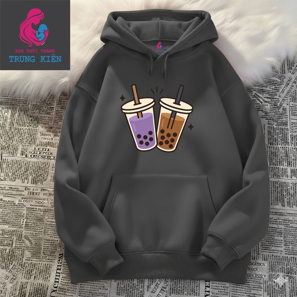 Áo Hoodie Trẻ Em Nỉ Cotton Ấm Áp, In Hình 2 Cốc Trà Sữa Tím Và Nâu Đáng Yêu, Thời Trang (M 321)