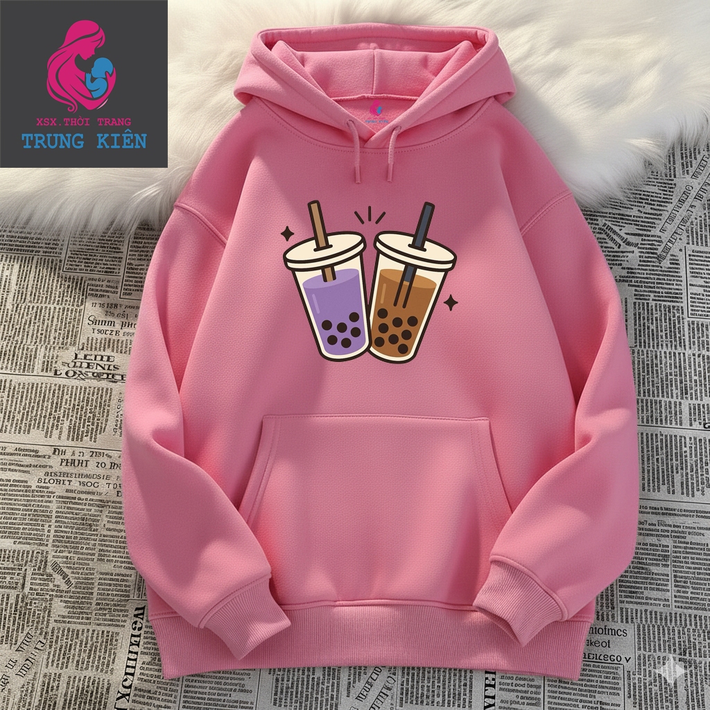 Áo Hoodie Trẻ Em Nỉ Cotton Ấm Áp, In Hình 2 Cốc Trà Sữa Tím Và Nâu Đáng Yêu, Thời Trang (M 321)