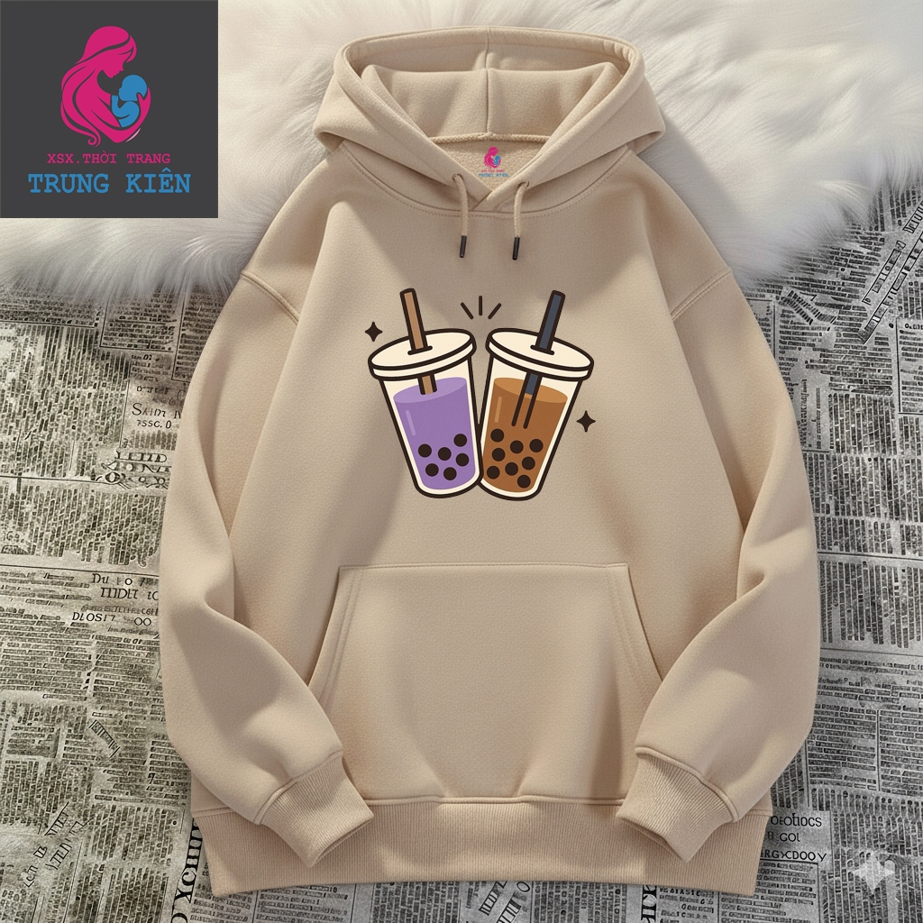 Áo Hoodie Trẻ Em Nỉ Cotton Ấm Áp, In Hình 2 Cốc Trà Sữa Tím Và Nâu Đáng Yêu, Thời Trang (M 321)
