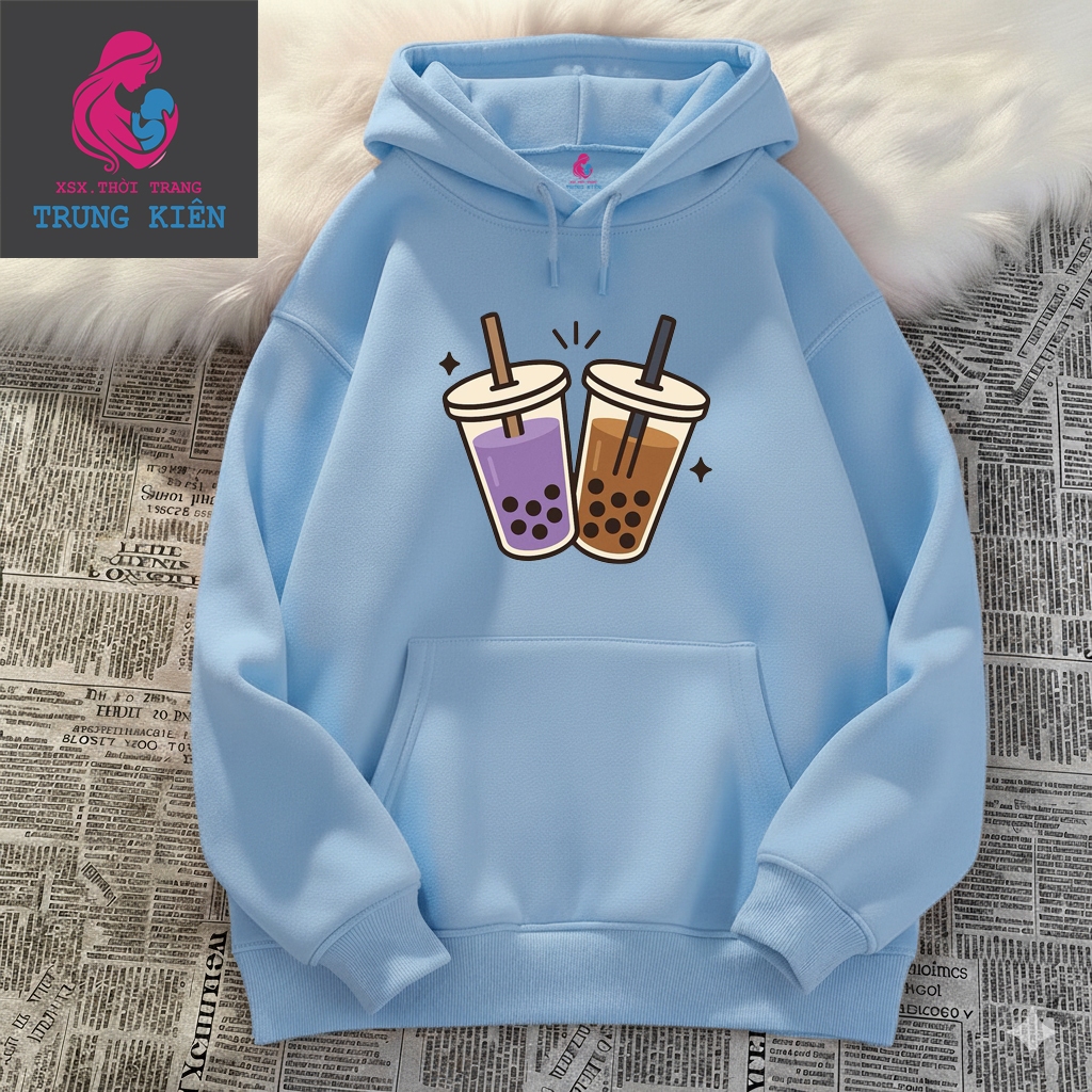 Áo Hoodie Trẻ Em Nỉ Cotton Ấm Áp, In Hình 2 Cốc Trà Sữa Tím Và Nâu Đáng Yêu, Thời Trang (M 321)