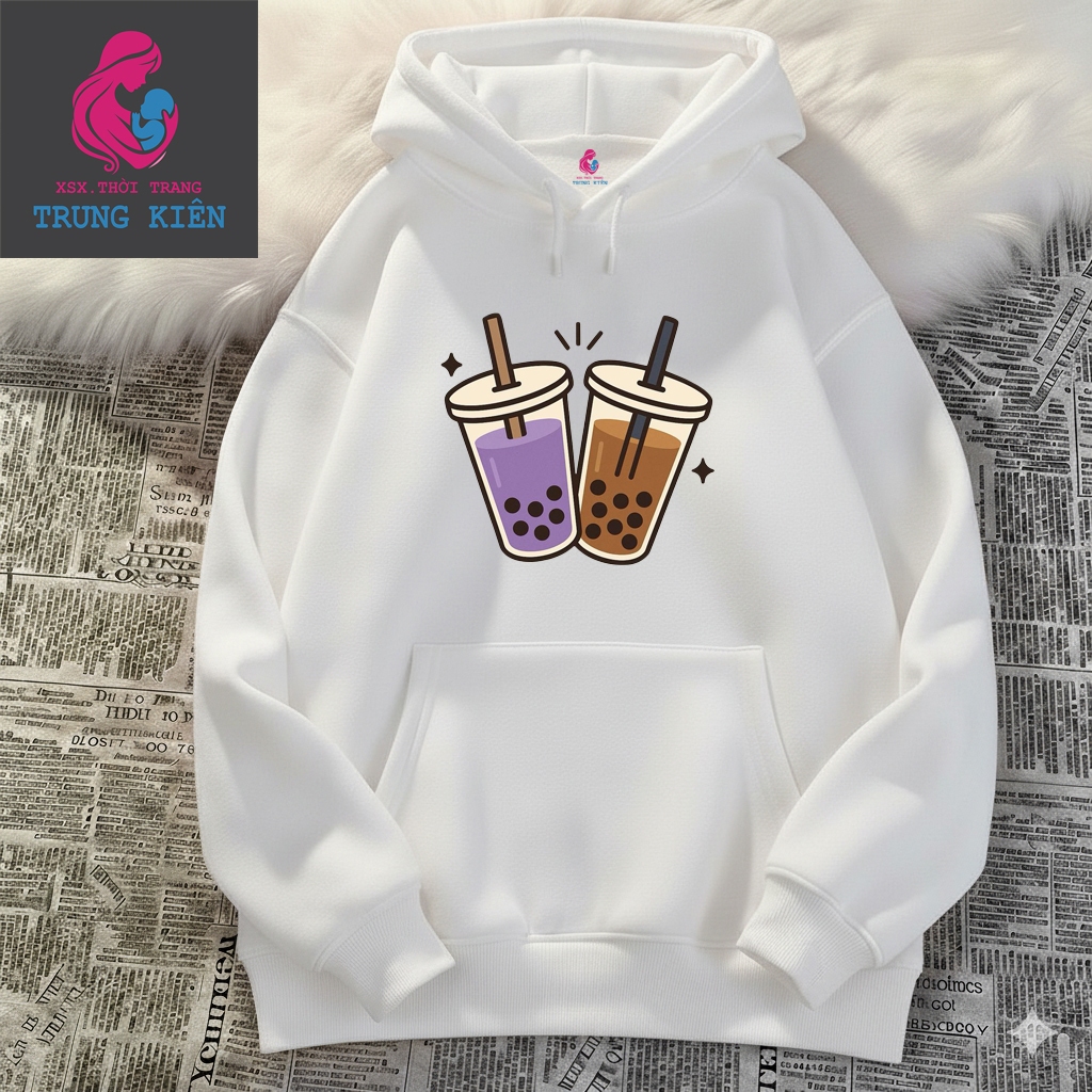 Áo Hoodie Trẻ Em Nỉ Cotton Ấm Áp, In Hình 2 Cốc Trà Sữa Tím Và Nâu Đáng Yêu, Thời Trang (M 321)