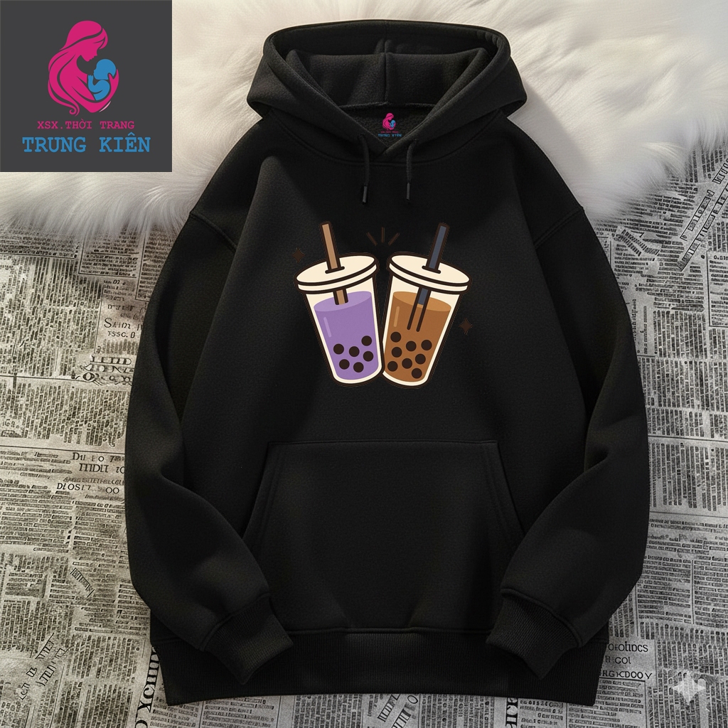 Áo Hoodie Trẻ Em Nỉ Cotton Ấm Áp, In Hình 2 Cốc Trà Sữa Tím Và Nâu Đáng Yêu, Thời Trang (M 321)