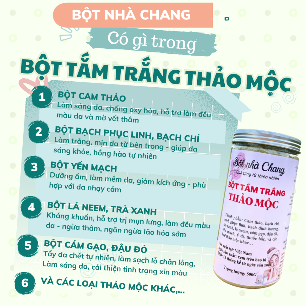 [Tặng 10g Niacinamide] Bột Tắm Thảo Mộc Sáng Da - BỘT Ủ TRẮNG HANDMADE - Dưỡng Ẩm, Làm Sáng Da, Nhả Nắng 500g