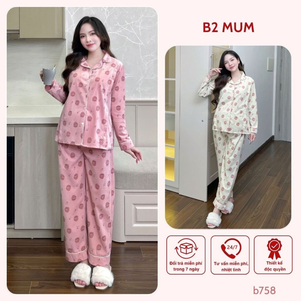 Bộ bầu mặc nhà pijama chất nhung tuyết họa tiết dâu dày dặn mềm mại - siêu thoải mái B758 B2MUM