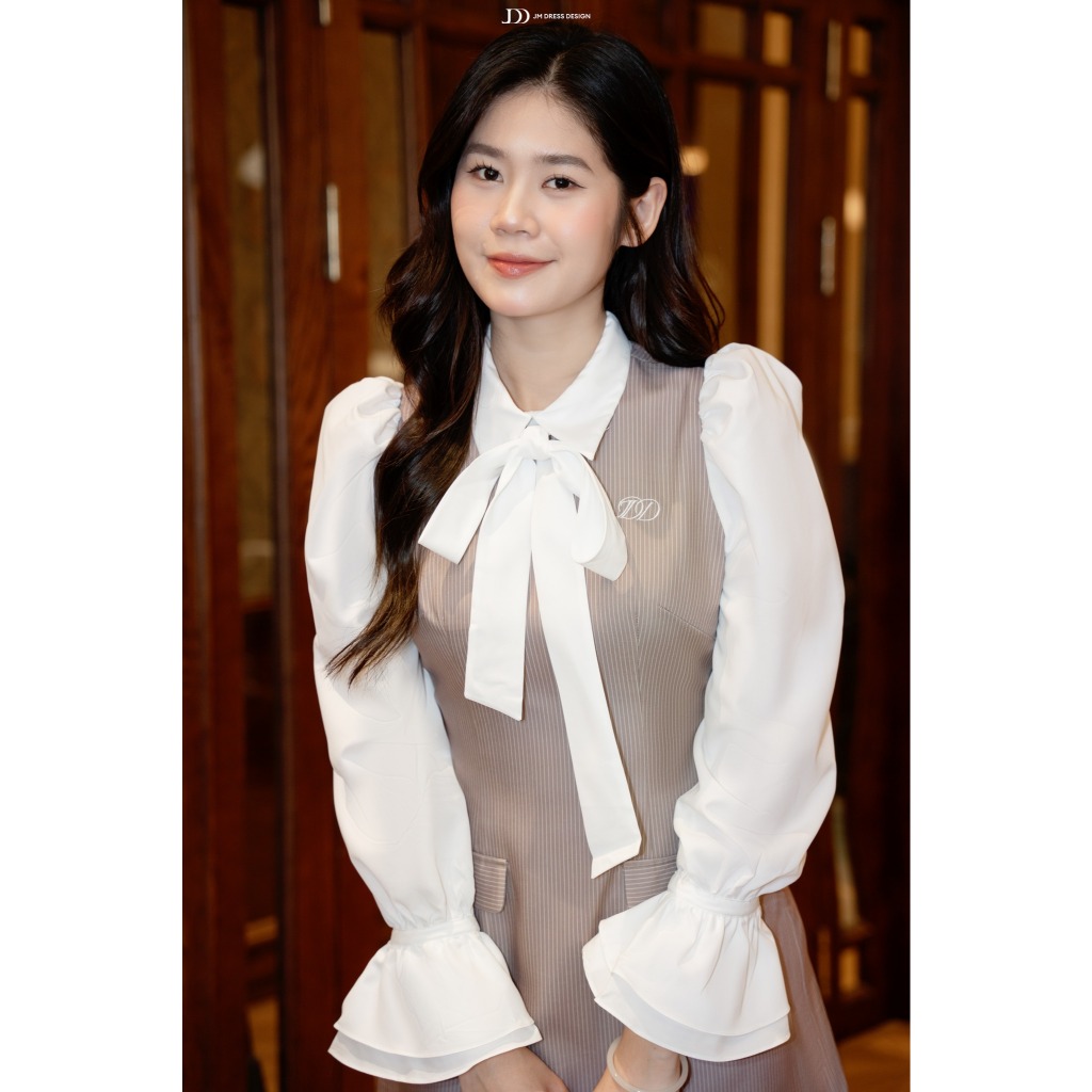 Đầm Kẻ Dáng Ôm A Tay Bồng Phối Nơ Cổ 1F01.2508K. Đầm Công Sở Tiểu Thư Thanh Lịch Thiết Kế Bởi JM Dress Design