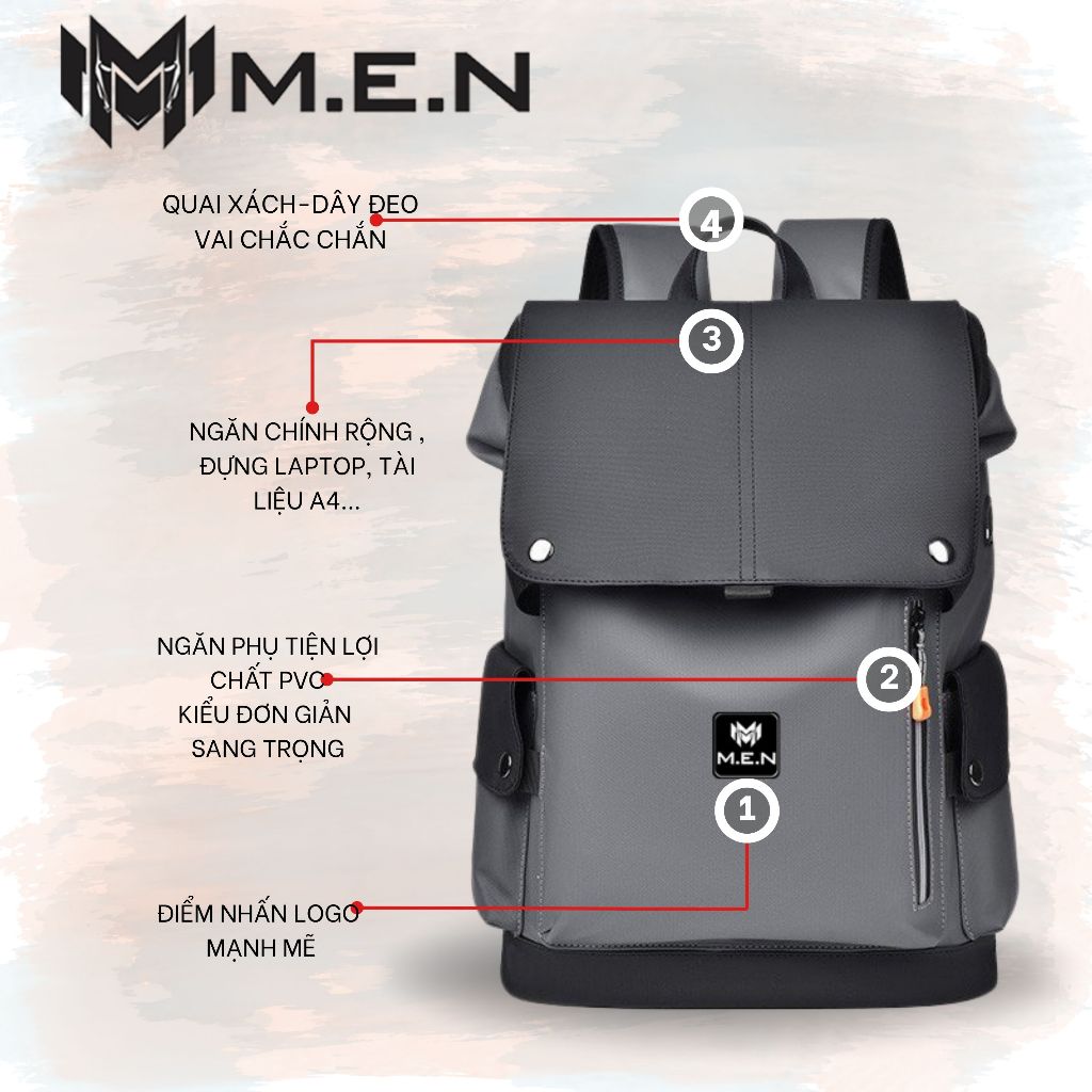 Balo đeo vai du lịch M.E.N Cascher Lá kéo Cam có ngăn đựng laptop chống nước tiện lợi [XU HƯỚNG MỚI]