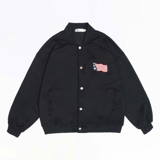 Áo Khoác Bomber Nam Nữ Cúc Bấm Chất Nỉ 2 Da Dáng Thể Thao Thêu Cờ K05