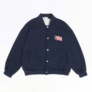 Áo Khoác Bomber Nam Nữ Cúc Bấm Chất Nỉ 2 Da Dáng Thể Thao Thêu Cờ K05
