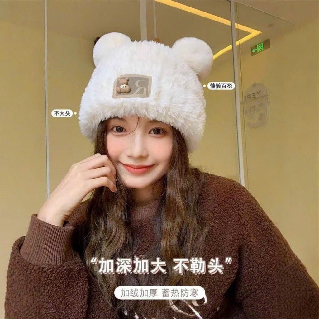 Mũ lông xù nữ hình tai quả bông siêu mềm xinh xắn