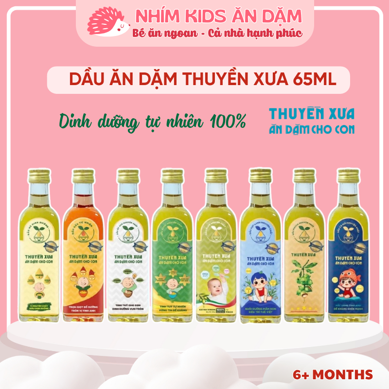 Dầu Ăn Dặm Thuyền Xưa Cho Bé Từ 6 Tháng Tuổi Chai 65ml Nguyên Chất Ép Lạnh – Cá Hồi, Macca, Oliu, Óc Chó, Gấc, Mè