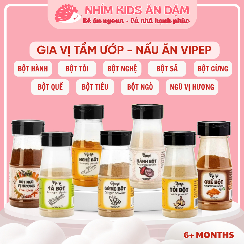 Bột Gia Vị Nấu Ăn VIPEP, Bột Tỏi – Hành – Nghệ – Gừng – Sả – Quế Cho Bé Từ 6 Tháng Tuổi Va Gia Đình