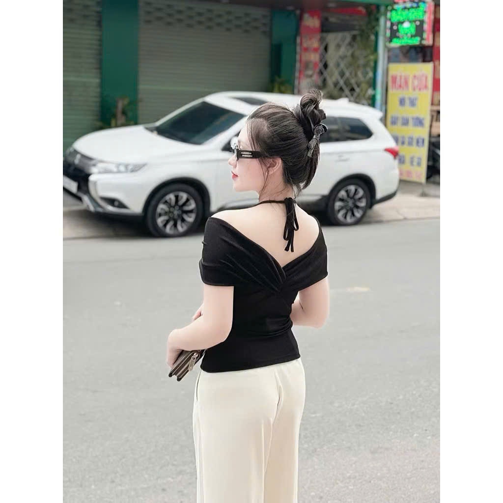 Áo Trễ Vai Xoắn Ngực Ngắn Tay - Áo Thun Cổ Yếm Nữ Chất Thun Tăm Lạnh Dày Dặn - Có Bigsize Bs074