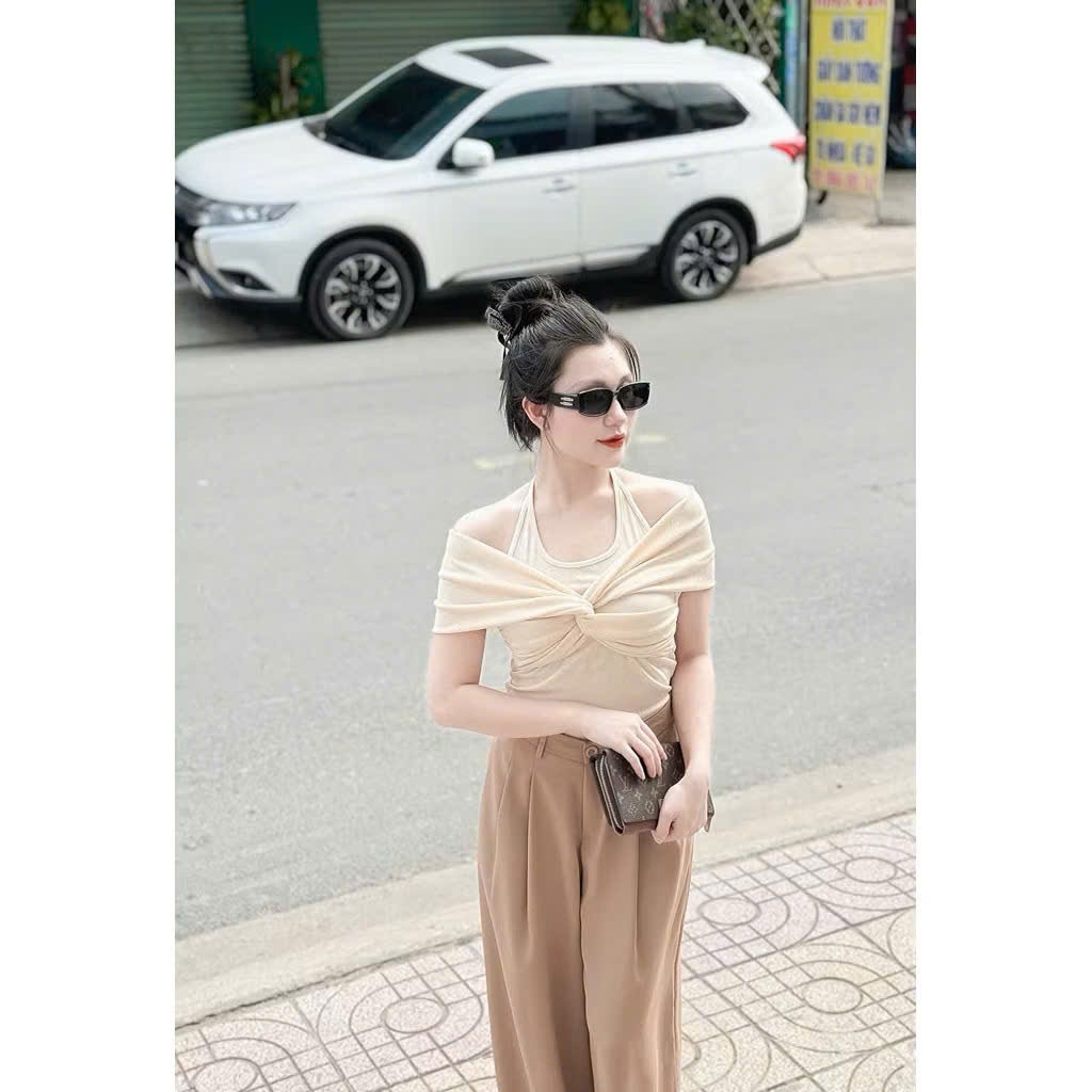 Áo Trễ Vai Xoắn Ngực Ngắn Tay - Áo Thun Cổ Yếm Nữ Chất Thun Tăm Lạnh Dày Dặn - Có Bigsize Bs074