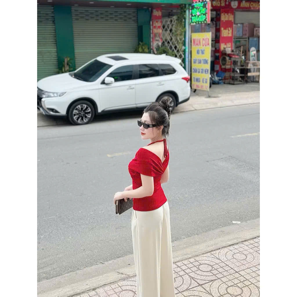 Áo Trễ Vai Xoắn Ngực Ngắn Tay - Áo Thun Cổ Yếm Nữ Chất Thun Tăm Lạnh Dày Dặn - Có Bigsize Bs074