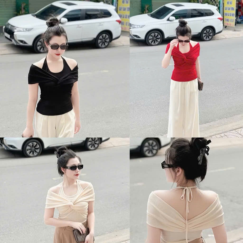 Áo Trễ Vai Xoắn Ngực Ngắn Tay - Áo Thun Cổ Yếm Nữ Chất Thun Tăm Lạnh Dày Dặn - Có Bigsize Bs074