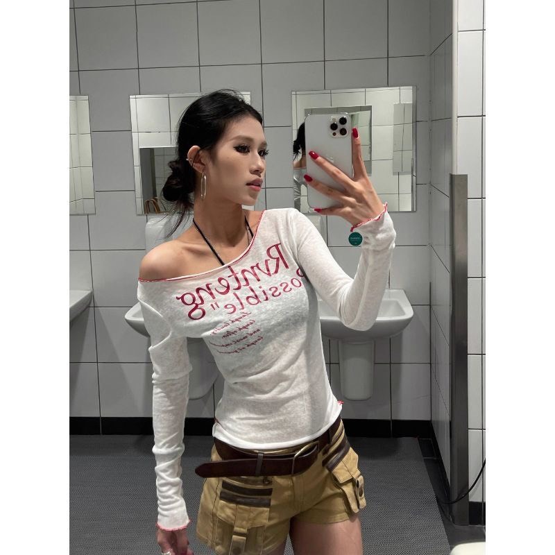 Áo dài tay trễ vai dáng vừa màu xanh trắng chữ đỏ POSSIBLE chất thun cotton ATV028 - Tiktik